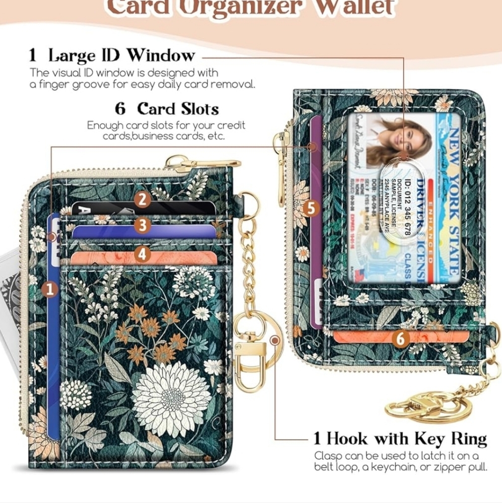 Floral Card Organizer Wallet with Key Ring